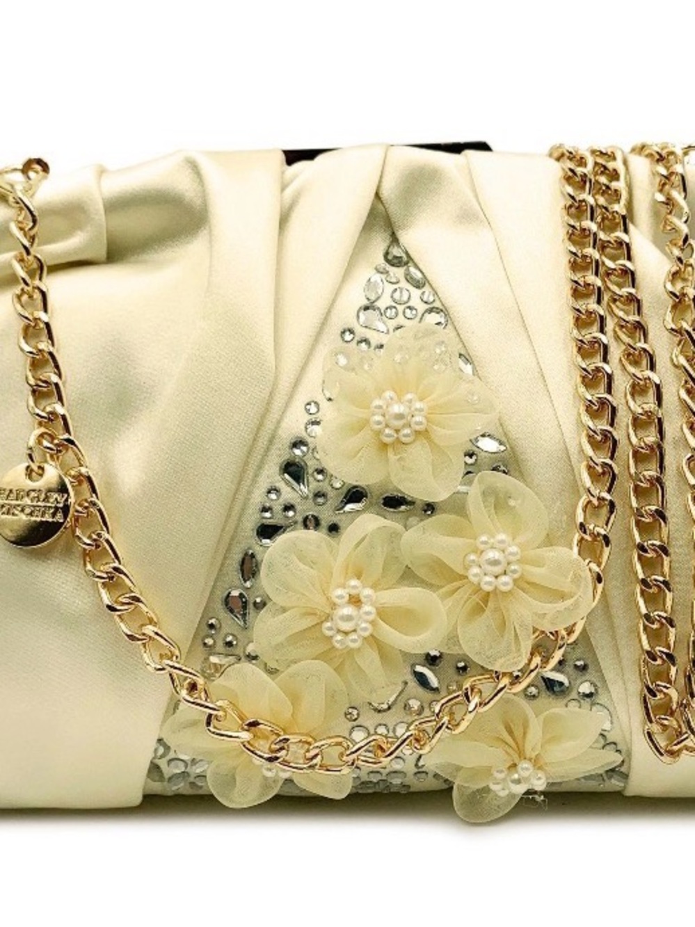 Badgley Mischka Cream Floral Satin Clutch with Gold Chain